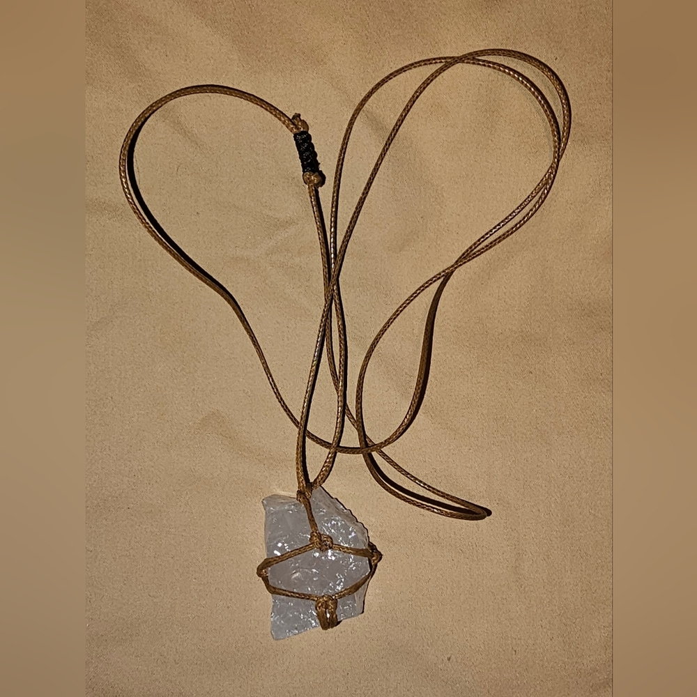 Rose Quartz Pendant Necklace with Brown Cord